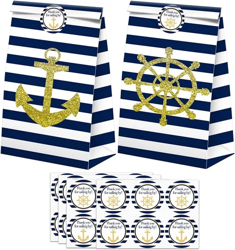 Miniatura 7 de Suministros náuticos para fiesta de cumpleaños para 20 invitados, platos marineros azul marino y dorado, servilletas, tazas y cubiertos, brújula