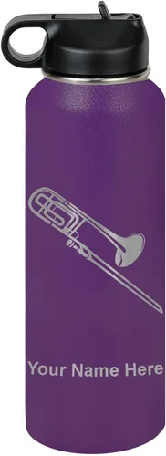 Miniatura 51 de LaserGram Botella de agua personalizada, trombón, acero inoxidable de doble pared aislada al vacío con popote superior, regalo grabado personalizado