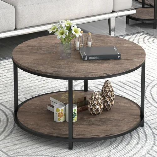 Miniatura 9 de NSdirect Mesa auxiliar redonda de 32 pulgadas para sala de estar, mesa central de madera maciza de 2 niveles para decoración del hogar con estante