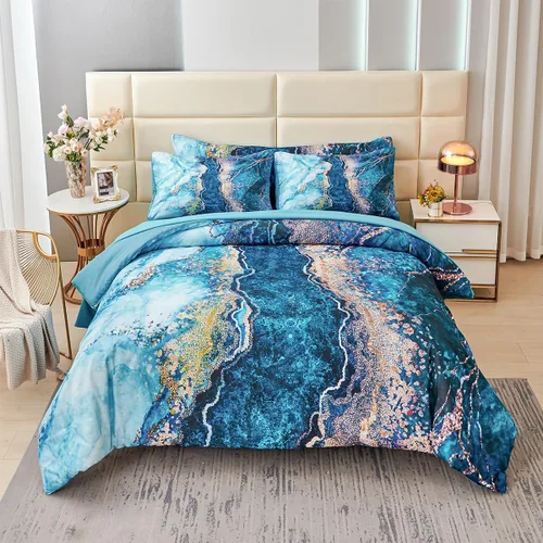 Miniatura 2 de PERFEMET Juego de ropa de cama edredón de 6 piezas para cama California King en una bolsa, patrón de mármol acuarela, juego de edredón estético arte