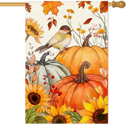 Miniatura 8 de Bandera de jardín de calabazas de pájaro de otoño de 12 x 18 pulgadas, doble cara exterior, hojas de girasol de otoño, cosecha de Acción de Gracias