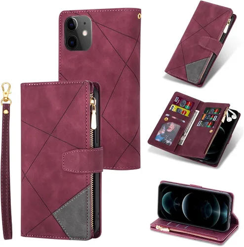Miniatura 38 de UEEBAI Funda tipo cartera para iPhone 12 Mini de 5.4 pulgadas, retro 9 ranuras para tarjetero, bolsillo con cremallera, cierre magnético, función