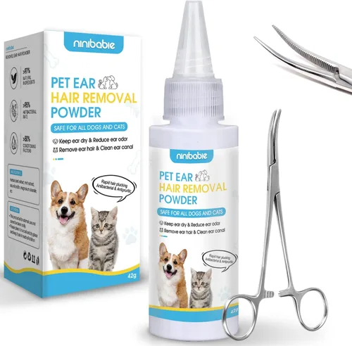Kit de polvo para orejas de perro para depilación – 1.48 oz de polvo para orejas para perros con pinzas curvas, ayuda a eliminar el exceso de vello