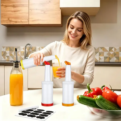 Miniatura 5 de Ruisita Paquete de 6 botellas de plástico para verter jugos de 34 onzas con 12 botellas de acero inoxidable con boquilla cónica, recipientes de jugo
