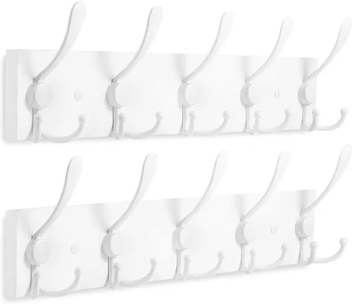 Miniatura 7 de Kuhome Perchero de madera para colgar sombreros de pared, tablón de madera real de pino de 16.9 pulgadas, color marrón, con 5 ganchos triples