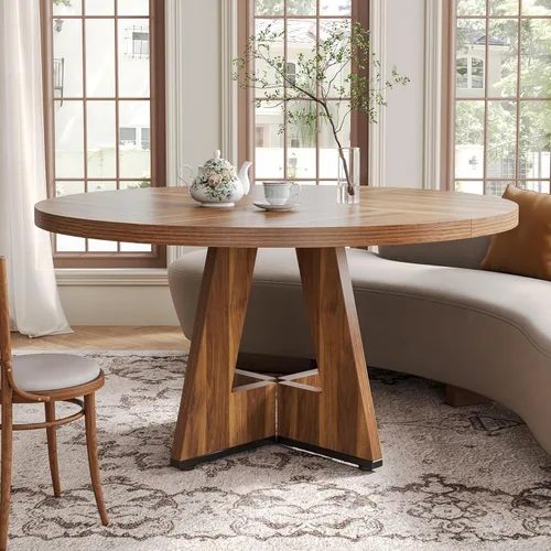 Miniatura 5 de LITTLE TREE Mesa de comedor redonda para 4-6 personas, mesa de comedor de 47 pulgadas con base de pedestal de madera, mesas de comedor marrones