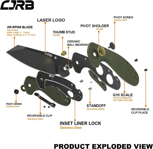 Miniatura 2 de CJRB Navaja de bolsillo plegable Maileah Cuchillo táctico con AR-RPM9 de acero en polvo Balde y G10 pequeño cuchillo táctico de bolsillo EDC