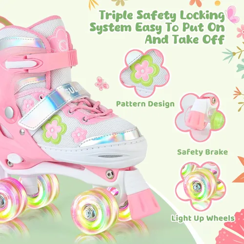 Miniatura 2 de SULIFEEL Patines ajustables de ruedas para niñas de 5-8 6-12 años con lunares y lazo, ruedas iluminadas, 4 tamaños ajustables para patinaje