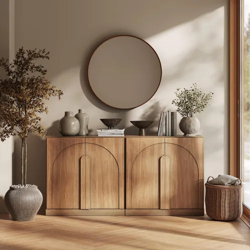 Miniatura 40 de BELLEZE Aparador Modular Acanalado Buffet con Almacenamiento, Mesa Consola Moderna de Mediados de Siglo con Puertas Arqueadas Simétricas, Elegante