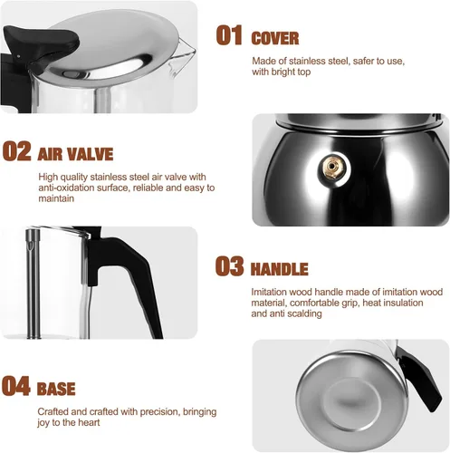 Miniatura 3 de Houkiper Cafetera de café expreso, 4 tazas de acero inoxidable de 6.8 fl oz, cafetera italiana, cafetera de cristal transparente, cafetera moca