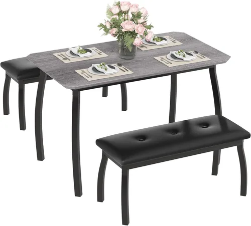 Miniatura 10 de Mesa de comedor para 4, juego de mesa de cocina de 3 piezas para 4 personas con mesa de madera y marco de metal, mesa de cocina industrial con 2