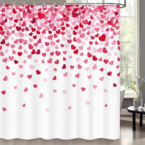 Miniatura 15 de Cortina de ducha de gnomo de San Valentín, decoración romántica de baño con corazones rojos, juego de cortinas de baño rojas y negras, decoración
