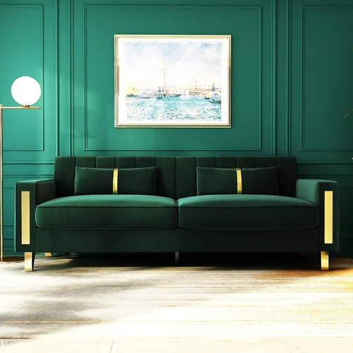 Miniatura 18 de Sofá cama modular de tela de terciopelo de 85.62 pulgadas, 3 asientos, fácil de montar con 2 almohadas de sofá, patas de metal dorado para sala
