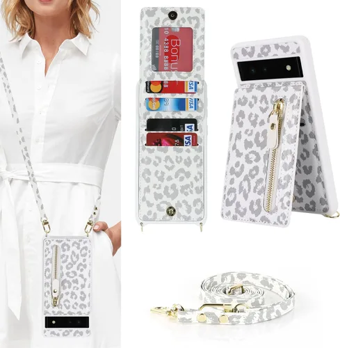 Funda para Google Pixel 6a con tarjetero, correa cruzada, soporte y cremallera, color blanco leopardo