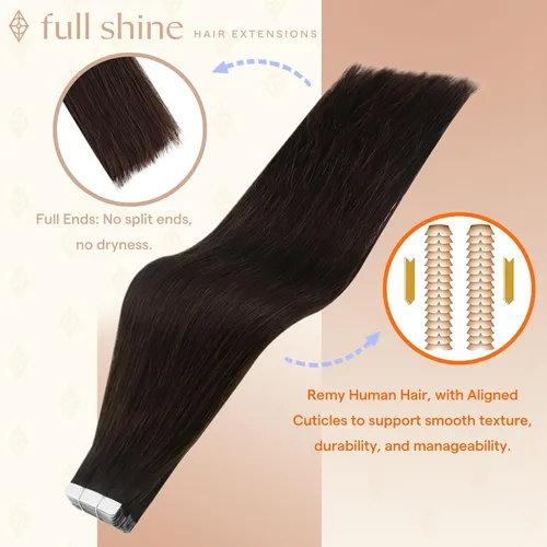 Miniatura 2 de Fshine Extensiones de cabello humano con cinta adhesiva marrón oscuro de 12 pulgadas, color de cabello corto 2, con cinta de doble cara, 1.06 oz, 20