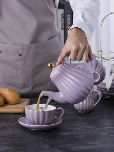 Miniatura 7 de Jusalpha Fine China Juego de Taza de Café/Taza de Té Morada de 8 OZ, Platillo, Cucharas, Tetera y Cremera, 17 Piezas (Juego FD-TW17PC, Morado)