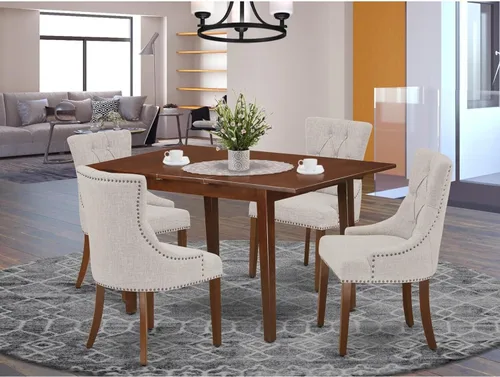 Miniatura 2 de HomeStock Juego de mesa de cocina de 5 piezas para 4 personas, incluye una mesa de comedor rectangular con hojas y 4 sillas Parson de tela de lino
