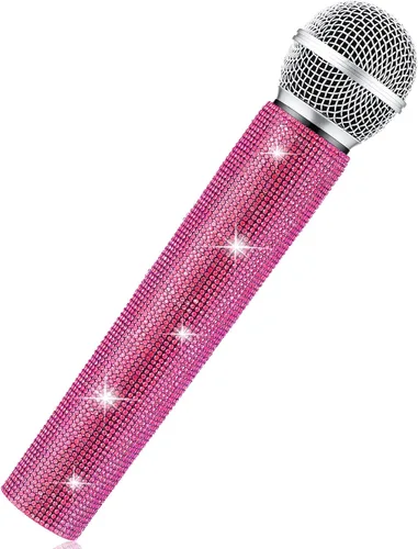 Miniatura 15 de Sanwuta Micrófono falso con diamantes de imitación brillantes, micrófono de juego de plástico con purpurina para disfraz de fiesta de cosplay