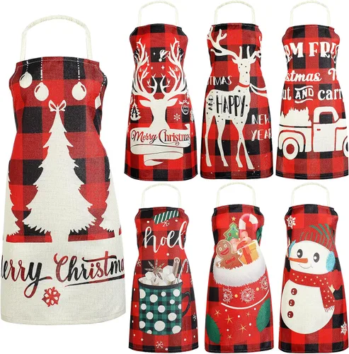 Zhanmai 7 delantales de Navidad para mujeres y hombres, delantales de Navidad a cuadros rojos y negros, delantales de Navidad ajustables para
