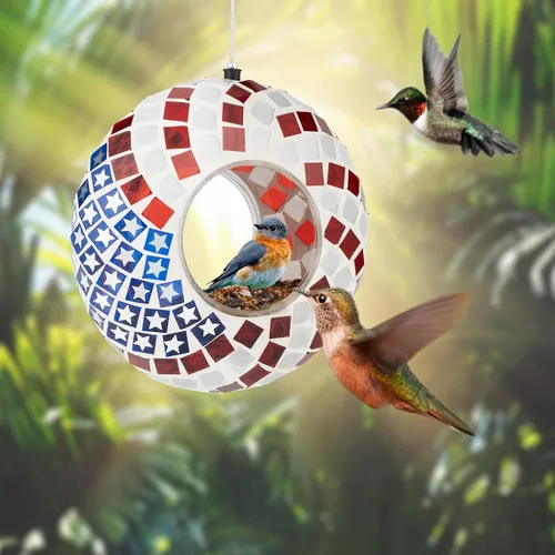 Miniatura 4 de Comedero para pájaros colgante de vidrio de Backyard Expressions - Patriótico - Comederos para pájaros con paso aéreo para exteriores, comedero