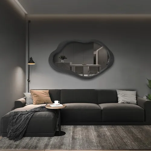 Miniatura 3 de Espejo de pared irregular de 42 x 28 pulgadas, espejo de pared con marco negro de madera, espejo de pared asimétrico ondulado para sala de estar