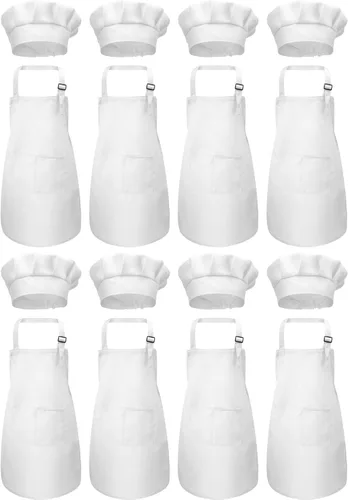 SATINIOR Juego de 8 delantales y sombrero de chef para niños con 2 bolsillos ajustables para niños y niñas, cocinar, hornear, pintar Blanco