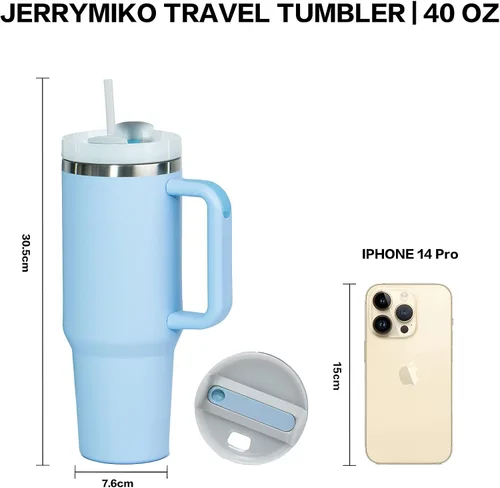 Miniatura 4 de Vaso de 40 onzas con asa y tapa con popote, Vasos aislados de acero inoxidable de pared doble con sello al vacío, Taza de viaje para bebidas frías