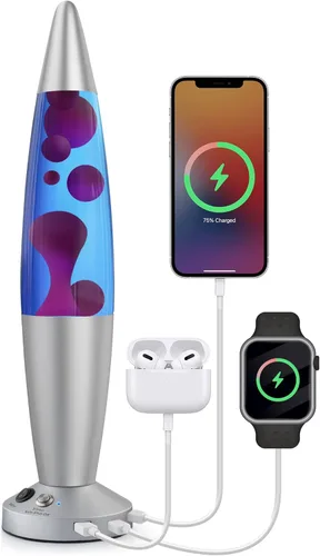 Jambo - Lámpara de movimiento mejorada de 16" azul líquida, cera púrpura - Puertos USB, temporizador - Lámpara nocturna para adultos, adolescentes,