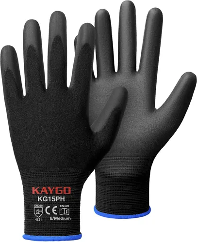 Miniatura 22 de KAYGO KG15P - Guantes de trabajo con revestimiento de poliuretano, nailon Lite, para la seguridad, revestimiento de poliuretano gris, muñeca de Azul
