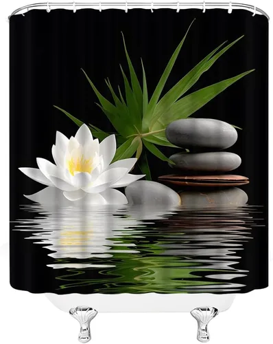 Miniatura 3 de Cortina de ducha de loto de spa con flores de loto blanco, piedras negras, lirio de agua, hojas de palma, verde, estilo japonés, relajante