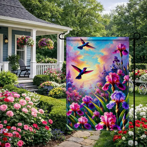 Miniatura 4 de BlissYard Bandera de jardín de primavera de 12 x 18 pulgadas, doble cara de colibrí, iris, pintura floral, patio, al aire libre, colorido