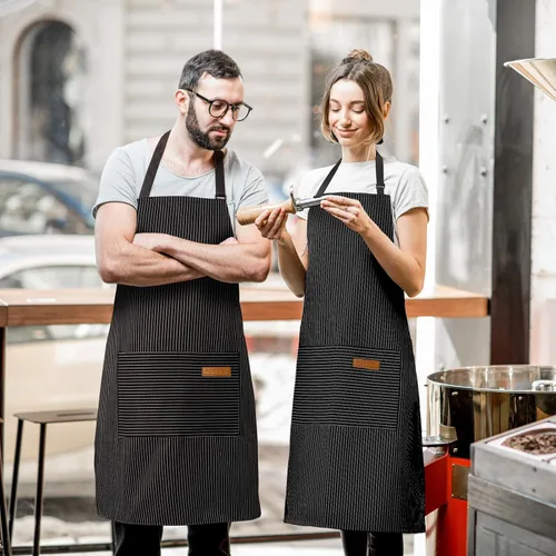 Miniatura 5 de Paquete de 2 delantales ajustables con peto, delantales de chef para cocina, restaurante, con 2 bolsillos, delantales para mujeres y hombres