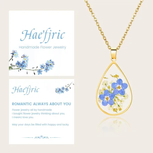 Miniatura 12 de Collar de flores silvestres prensadas con encaje de Forget-Me-Not y Queen Anne Collar de flores prensadas de oro Collares hechos a mano