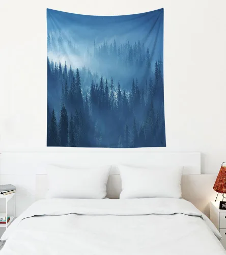 Miniatura 68 de EMMTEEY Tapiz de pared con bosque - Árbol de pino verde y niebla, arte de pared natural, 80x60 pulgadas, tapiz grande de estilo bohemio para sala