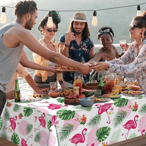 Miniatura 5 de Paquete de 3 manteles de verano con diseño de flamenco para fiestas, mantel de plástico tropical hawaiano, mantel desechable Luau para verano