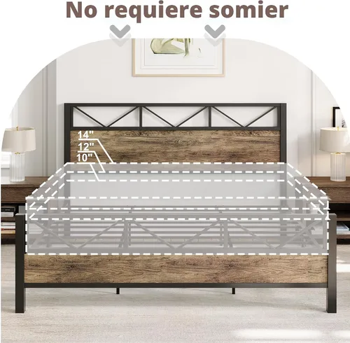 Miniatura 8 de LIKIMIO - Base de cama Queen, cabecero industrial alto de 51.2", con soporte metálico resistente, estructura de cama sólida y estable, libre