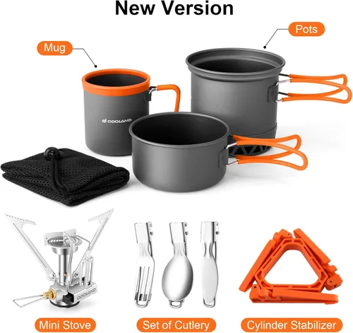 Miniatura 3 de Odoland Juego de ollas de camping con intercambiador de calor, juego de cocina con estufa de camping portátil, kit de comida de camping, incluye