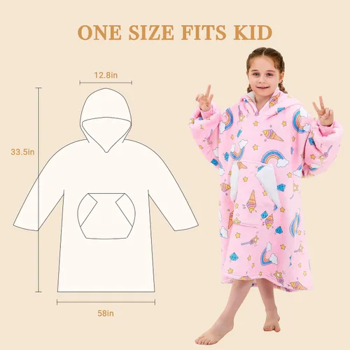 Miniatura 3 de Ramees - Manta con capucha portátil para niños, sudadera de sherpa de gran tamaño, manta de franela con capucha, bolsillo y mangas (arco iris)