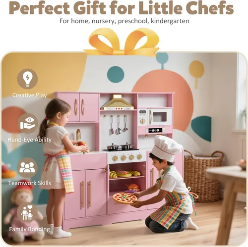 Miniatura 5 de TODEFULL Juego de cocina de madera para niños con sistema de almacenamiento de juguetes, juego de cocina de simulación con campana extractora, Rosa