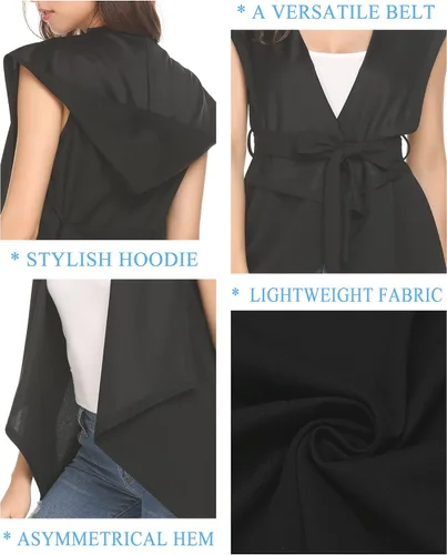 Miniatura 6 de Grabsa Cárdigan sin mangas para mujer, chalecos a la moda, elegante, asimétrico, con capucha, frente abierto, gabardina con cinturón