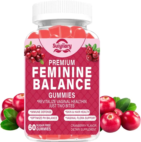 Suiyilary Gomitas de probióticos femeninos, salud vaginal y equilibrio del pH de las mujeres, suplemento gomoso con polvo de arándano y piña, vegano