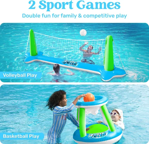 Miniatura 2 de JOYIN Juego de flotador de piscina inflable con red de voleibol y aros de baloncesto; bolas incluidas para niños y adultos, juego de piscina