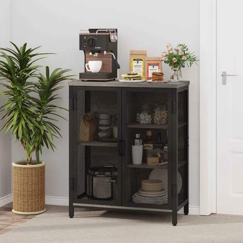 Miniatura 8 de BON AUGURE Gabinete Pequeño de Barra de Café para Licor, Gabinete de Almacenamiento Estilo Granja con Puertas, Aparador Buffet de Madera para Cocina