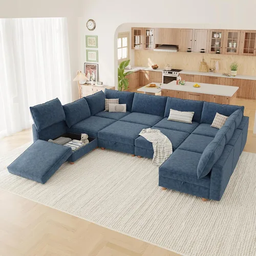 Miniatura 30 de 95.5" Sofá seccional modular de chenilla con almacenamiento oculto, sofá cama convertible en forma de L y U, sofá seccional moderno de 6 plazas