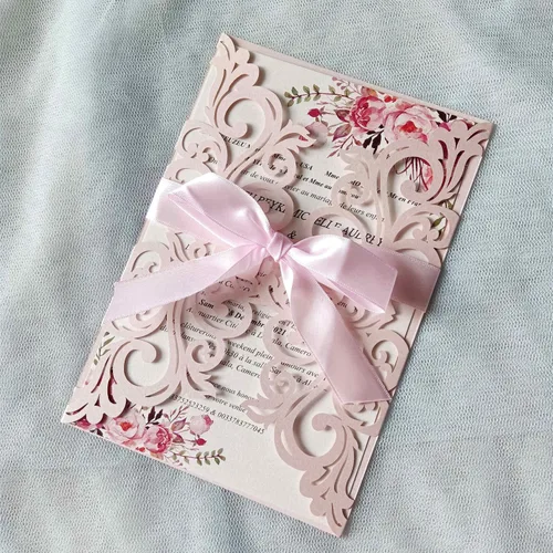 Miniatura 14 de 25 piezas de tarjetas de invitaciones de boda cortadas con láser con purpurina verde con sobres, hojas interiores en blanco, cintas
