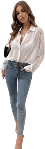 Miniatura 5 de Verdusa Blusa de malla transparente con botones para mujer, manga larga, hombros caídos