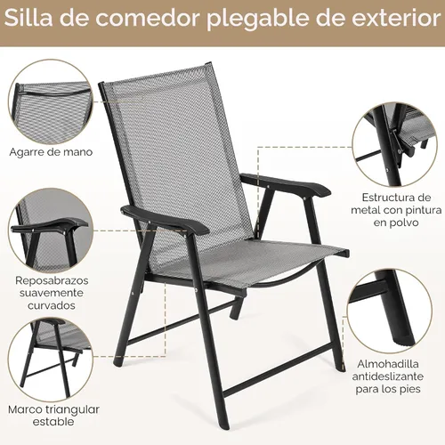 Miniatura 5 de Yaheetech Juego de 4 sillas de comedor para patio con reposabrazos, sillas plegables para exteriores con marco de metal y respaldo para césped, Gris