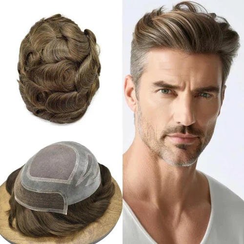 Miniatura 11 de Toupee For Men Human Hair Men's Toupee Hair Replacement System For Men Fine Mono Hair Piece For Men Poly Mens Hair System 8X10 Medium light density