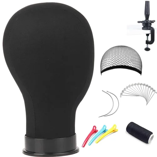 Cabeza de lona para peluca, cabeza de bloque de lona para hacer pelucas, cabeza de maniquí con soporte para maniquí con orificio de montaje (23 Negro