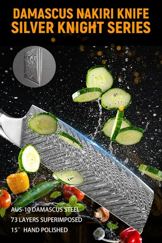 Miniatura 4 de Cuchillo Nakiri de 7 pulgadas, cuchillo de acero de Damasco con hoja de patrón de plumas, mango G10 de espiga completa, cuchillo vegetal profesional